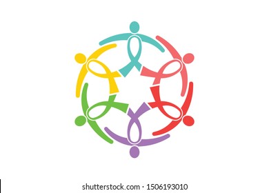 Cancer Awareness Ribbon People Group. People like ribbons in a circle holding together to support. Vector Logo design