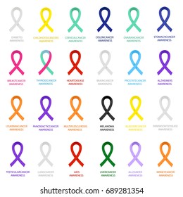 Cancer awareness ribbons elements collection, flat icons set, Colorful symbols pack contains - Pink, yellow, orange, black, green, red, blue awareness ribbons. Vector illustration. Flat style design