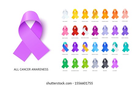 Cancer awareness ribbons realistic illustrations set. Various oncological diseases prevention, illness solidarity symbols pack with close up preview. Social support and concern expression signs