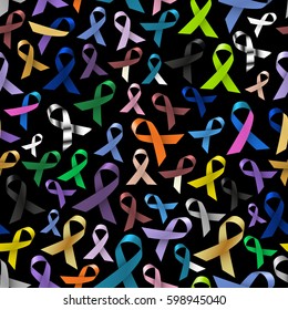 cancer awareness various color and shiny ribbons for help seamless dark pattern eps10