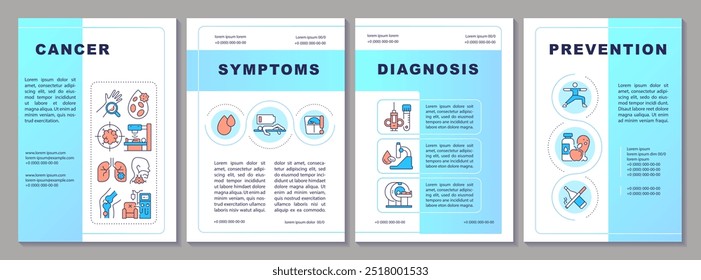 Plantilla de folleto de gradiente azul de cáncer. Síntomas y tratamiento. Diseño de folleto con iconos lineales. 4 diseños de Vector editables para presentación, informes anuales