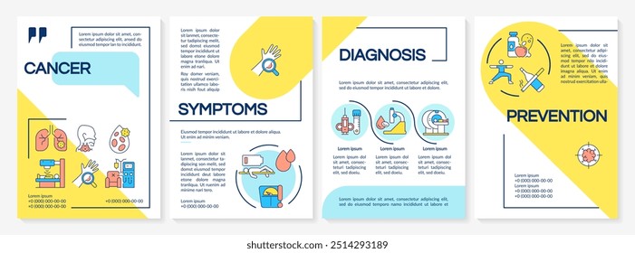 Plantilla del folleto azul y amarillo del cáncer. Síntomas y tratamiento. Diseño de folleto con iconos lineales. 4 diseños de Vector editables para presentación, informes anuales