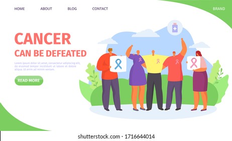 Cancer can de defeated landing vector illustration. Group people, man woman, holding symbol fight against cancer. Sick characters with awareness illness at demonstration, emblem on clothes.