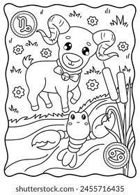 Cancer and Capricorn. Kawaii. Cute characters. Coloring page, page, book, black and white vector illustration. Zodiac signs, horoscope.