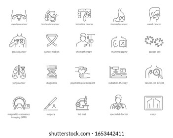 cancer care, medical treatment in cancer patient icon set, black thin line design on white background