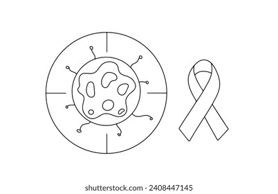 Cancer cell inside the scope. Treatment of cancer. Ribbon against cancer. Medical illustration with line. Images produced without the use of any form of AI software at any stage. 