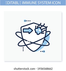 Cancer cells fight line icon. Anticancer treatment. Immunity strengthening concept. Immunology. Body defence system. Health care, disease prevention. Isolated vector illustration. Editable stroke 