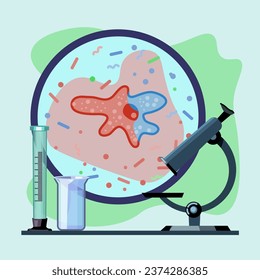 Cancer cells under microscope vector illustration. Laboratory equipment, test tubes and microscopic tools used to combat cancer and treat patients. Medicine, cellular healing concept