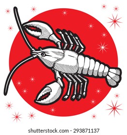cancer with claws. Zodiac sign - Cancer. Vector illustration. Black and white image, red circle