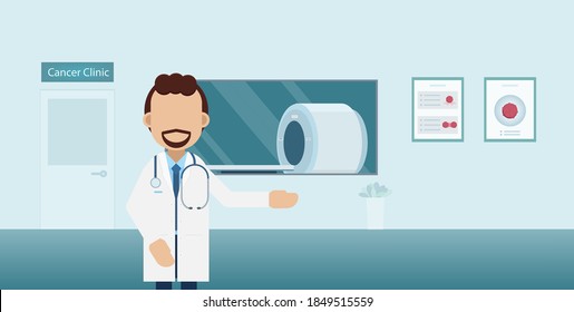 Cancer clinic interior with doctor and ct scan machine flat design vector illustration svg