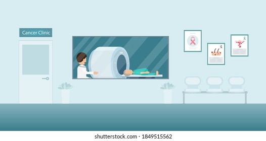 Cancer clinic interior with doctor and patient in ct scan machine flat design vector illustration svg