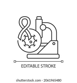 Cancer clinical trials linear icon. Development in cancer treatment. Medical oncology. Thin line customizable illustration. Contour symbol. Vector isolated outline drawing. Editable stroke