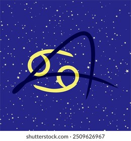 Cancer in combination with the letter A. Zodiac sign. On a dark blue starry background. Astrology and horoscopes concept. Vector illustration.