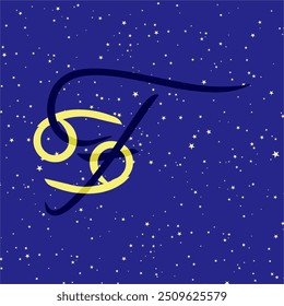 Cancer in combination with the letter F. Zodiac sign. On a dark blue starry background. Astrology and horoscopes concept. Vector illustration.