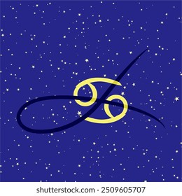 Cancer in combination with the letter L. Zodiac sign. On a dark blue starry background. Astrology and horoscopes concept. Vector illustration.