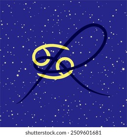 Cancer in combination with the letter R. Zodiac sign. On a dark blue starry background. Astrology and horoscopes concept. Vector illustration.