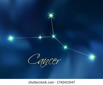 Cancer constellation astrology vector illustration. Stars in dark blue night sky. Cancer zodiac constellations sign beautiful starry sky. Cancer horoscope symbol made of gold star sparkles and lines.