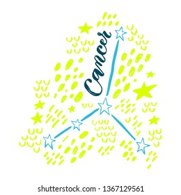Cancer constellation with brush lettering and doodle background. Handwritten typography. Stylized sky map. Ready-to-print design template. Clothes badge,icon,logo,banner,tag. Vector illustration.