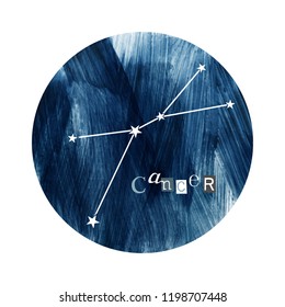 The Cancer Constellation over hand drawn blue background. 1 of the 12 zodiac signs. Vector illustration