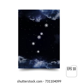 Cancer Constellation of snowflakes. Zodiac Sign Cancer constellation lines. The constellation is seen through the clouds and snowfall in the night sky. Vector