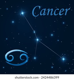 Cancer constellation with stars, zodiac sign on starry sky. Astronomy, astrology, horoscope. Science banner. Cosmos, outer space. Fourth zodiac sign - the ruler planet Moon. Vector illustration