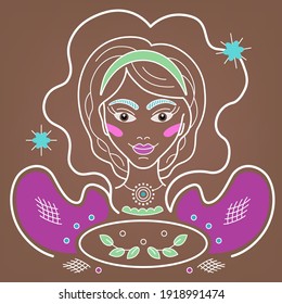 Cancer Constellation, Vector zodiac sign, logo, tattoo, illustration. Housewife, Brown Girl with pie, salad dish with lines fantasy ornament, in fairy style