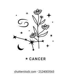 Cancer constellation zodiac sign with flower, moon and stars