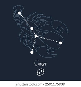 Cancer, constellation and zodiac sign on the background of the cosmic universe. Blue and white design. Illustration