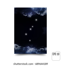  Cancer constellation. Cancer zodiac symbol.  The constellation is seen through the clouds in the night sky. Vector