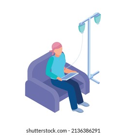 Cancer control isometric composition with character of sitting patient with dripper and tablet vector illustration