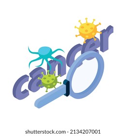 Cancer control isometric composition with editable text and images of bacteria and magnifying glass vector illustration