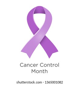 Cancer Control Month in April in Unated States of America. Lavender or violet color of the ribbon Cancer Awareness Products. Vector illustration. White isolated.
