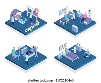 Cancer Control Screening Diagnosis Treatment Concept 4 Isometric Compositions With Mri Scan Chemotherapy Infusion Isolated Vector Illustration 