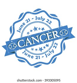 Cancer (Crab) zodiac sign grunge blue ribbon, also for print. Contains also the Dates of Birth.