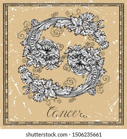 Cancer or crab Zodiac sign on frame on texture. Collection of astrological symbols in baroque victorian style. Vector hand drawn illustration for Horoscope, Esoteric and Mystic background