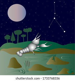 Cancer crawled ashore under the starry sky. Constellation Cancer. Zodiac.