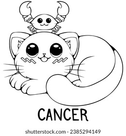 Cancer cute cartoon astrology sign of the zodiac lying cat. Character in kawaii style. Vector illustrations in hand drawn sketch style isolated on white. Black outline graphic. Funny cat horoscope