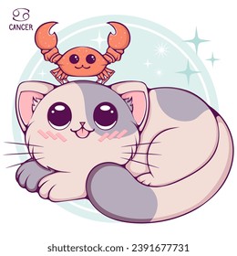 Cancer cute cartoon astrology sign of the zodiac cat. Pet character in kawaii style. Vector illustrations in hand drawn flat style on round background. Funny cat horoscope