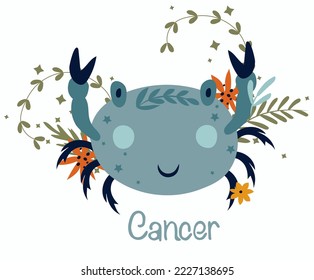 Krebs. Cute Zodiac Schild mit bunten Blättern, Blumen und Sternen um. Cute Cancer perfekt für Poster, Logo, Karten. Astrologischer Krebszodiac. Vektorgrafik.