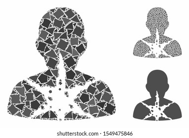 Cancer damaged patient mosaic of irregular pieces in various sizes and color tinges, based on cancer damaged patient icon. Vector bumpy pieces are composed into mosaic.