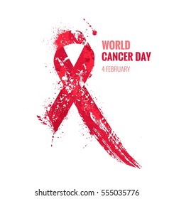 Cancer day Awareness Ribbon. Watercolor red ribbon, cancer awareness symbol, isolated on white. Vector illustration