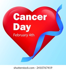 Cancer Day February 4 banner. Realistic heart with a blue ribbon. A sign of support in the fight against the disease. Vector illustration