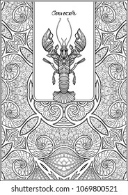 Cancer. Decorative zodiac sign on pattern background. Outline hand drawing. Good for coloring page for theÂ adult coloring book Stock vectorÂ illustration.