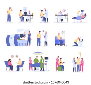 Cancer diagnostics, treatment and rehabilitation. Hospital medical therapy, male character having chemo treatment and surgery. Man win a cancer. Vector illustration in cartoon style