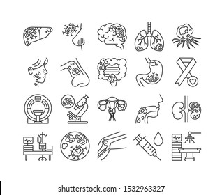 Cancer different organs line black icons set. Oncology medical diagnostic concept. Malignant neoplasms. Cancer breast, brain, liver, stomach, nose,cervical, lung, prostate, bones. Editable stroke.