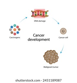 Krebserkrankung. Karzinogene, DNA-Schäden. Maligner Tumor. Medizinisch-biologische, wissenschaftliche Vektorillustration.