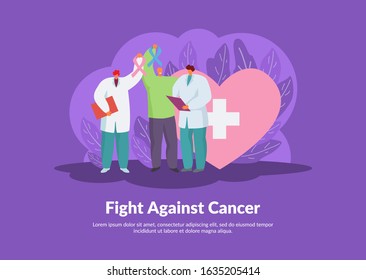 Cancer fight vector illustration, winning patient and people doctors oncologists. Happy cured man. Healthcare, medical treatment, together against cancer campaign concept.