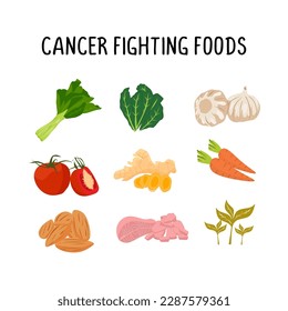 Cancer fighting foods vector illustration, healthy fruit and vegetables meal diagram. Such as broccoli, stawnerries, carrots, and salmon. Flat cartoon style.