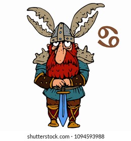 Cancer. Funny Viking zodiac sign, horoscope symbol . Vector illustration cartoon style character. Isolated object