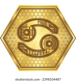 Cancer, Futuristic Cybernetic Circuit Board Zodiac Astrological Symbol Icon Button Design Golden Hexagon, White Background, Horoscope, Fortune-Telling